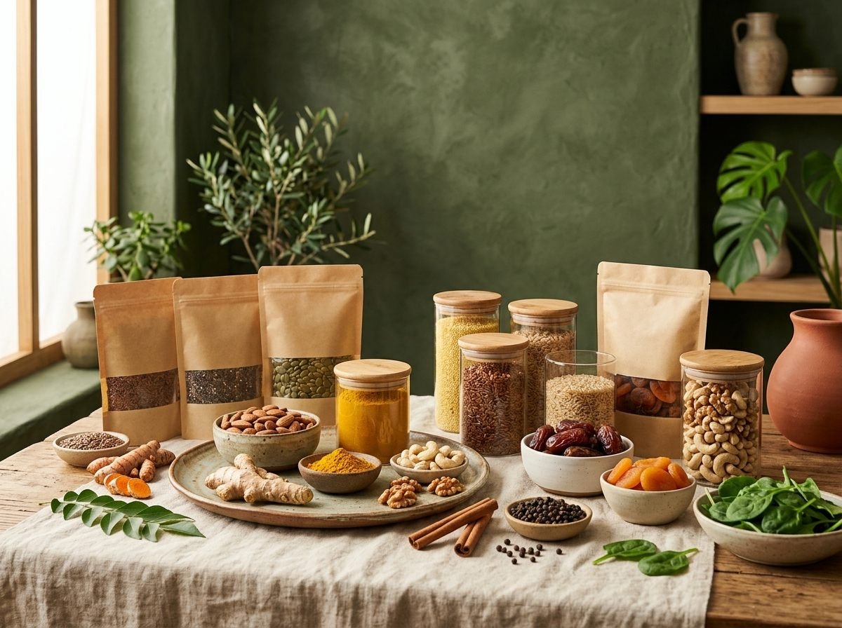 Thoughtfully arranged wholesome nutrition food ingredients and contemporary presentation in modern studio lighting