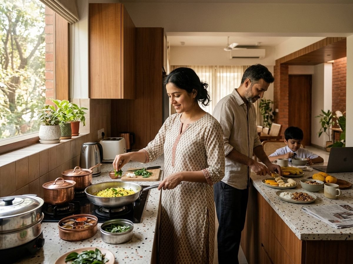 Indian family preparing breakfast in a sunlit contemporary kitchen