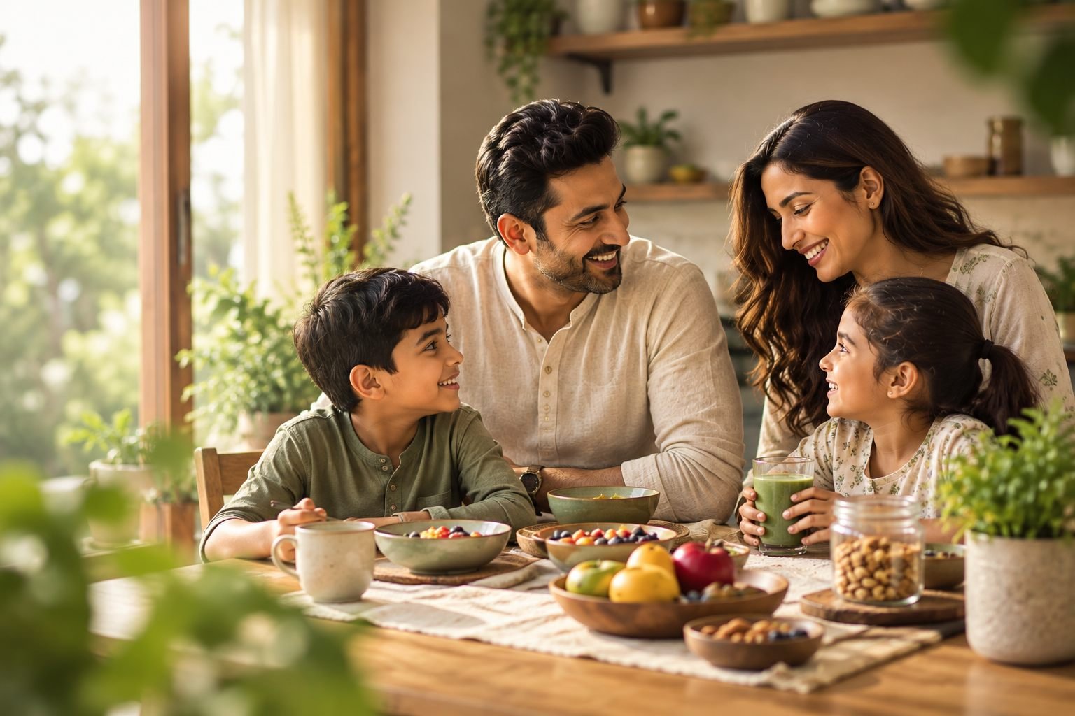 Indian family enjoying wholesome breakfast with fruits, grains and nuts in a sunlit contemporary home