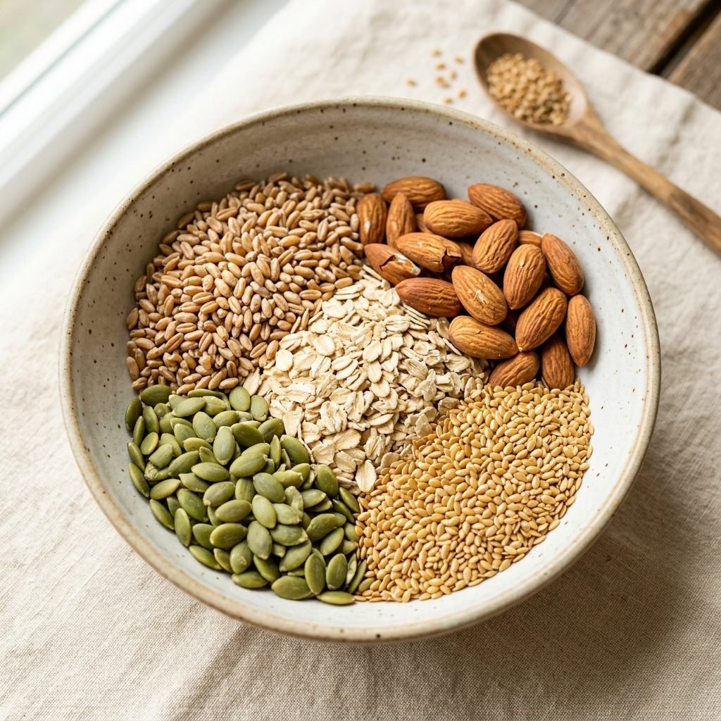 Artistic composition of wholesome natural grains, nuts and seeds