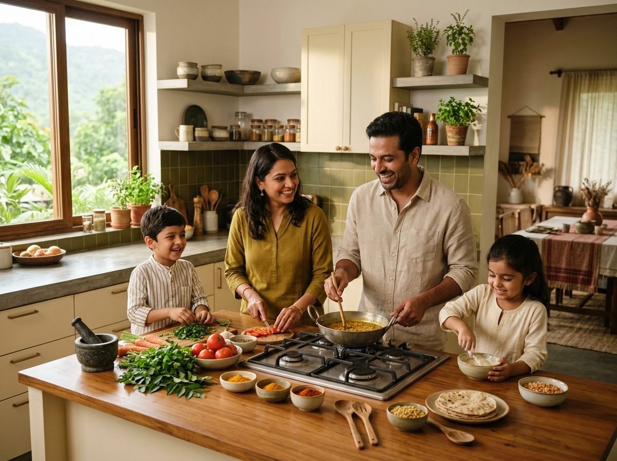 Indian family preparing and enjoying wholesome food together in a sunlit kitchen