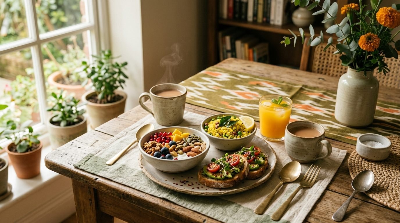 Wholesome breakfast moment on a contemporary dining table with natural morning light