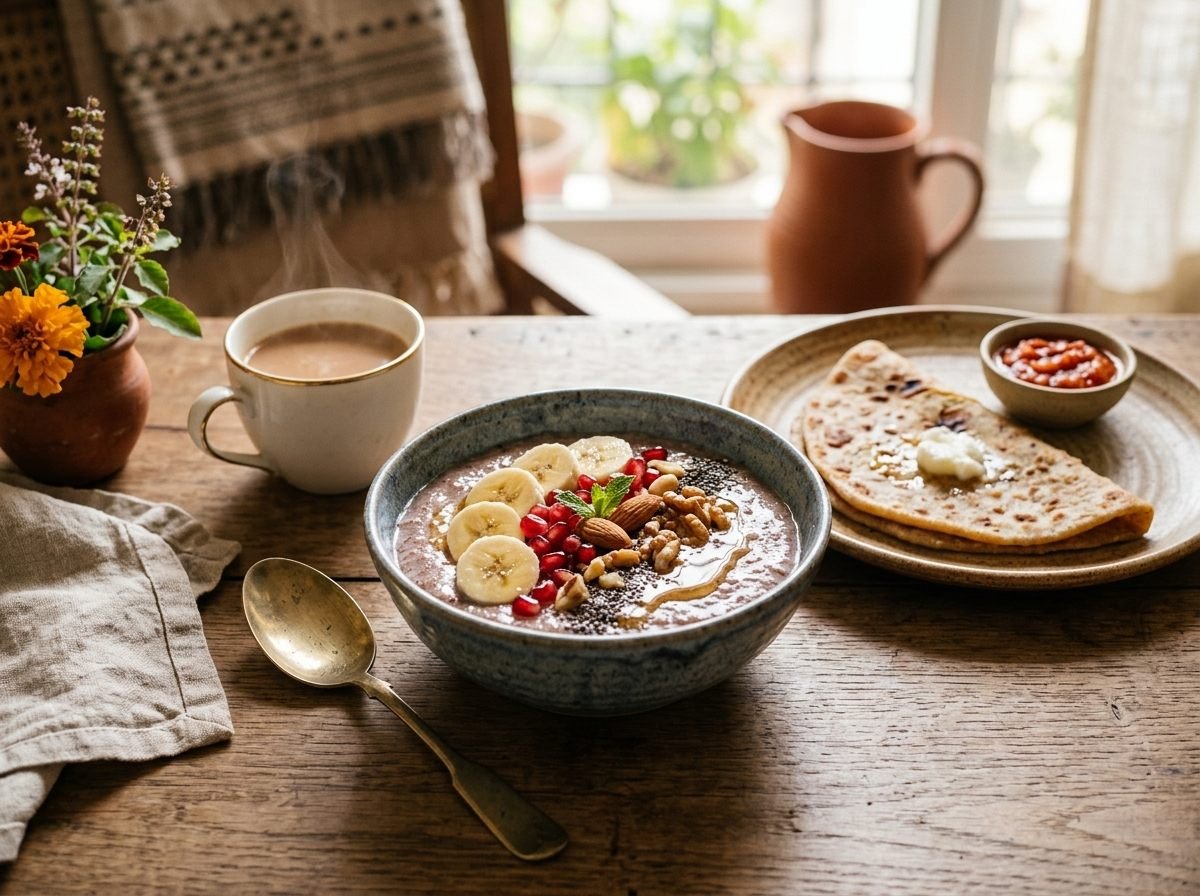 Beautifully prepared wholesome breakfast moment with elegant ceramic tableware