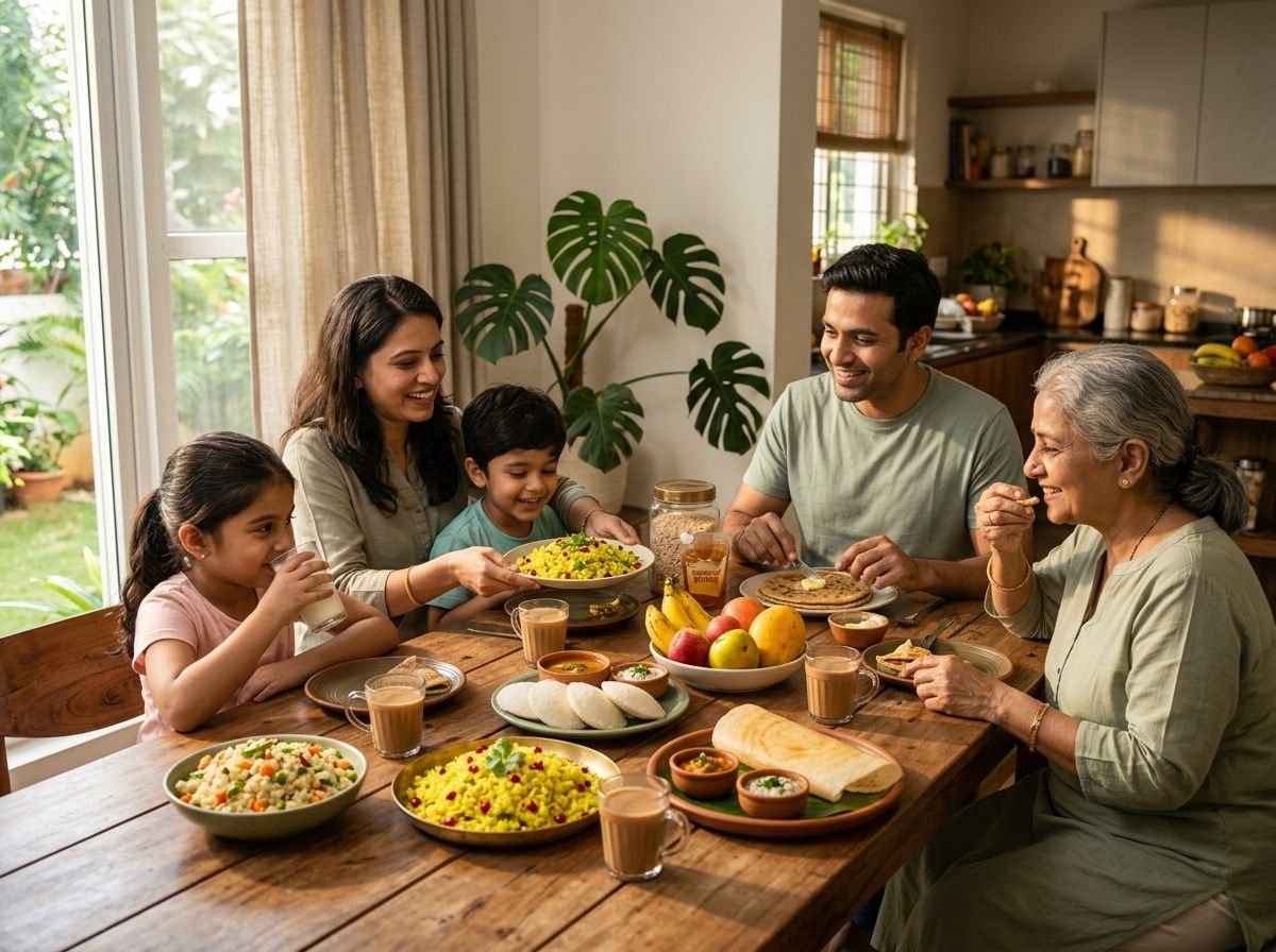 Indian family sharing a wholesome breakfast table with natural morning light