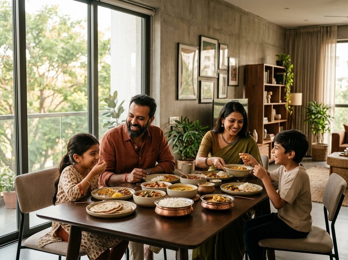 Indian family enjoying a warm everyday food moment together